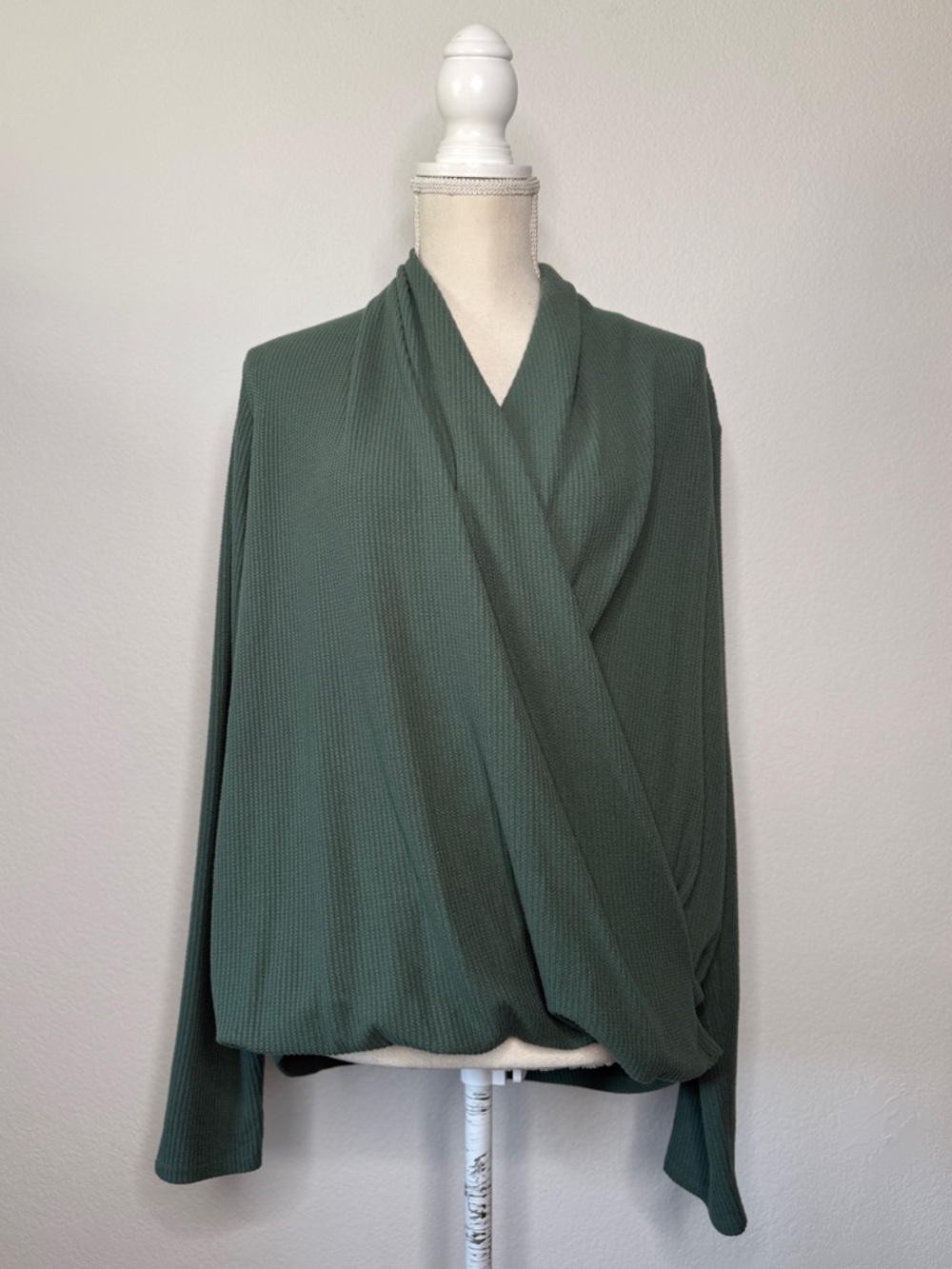 Daily Practice Anthropologie Green Wrap Waffle Knit Long Sleeve Top Size L